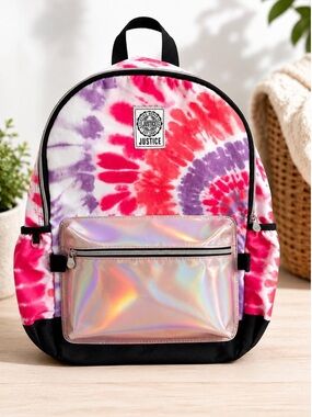 Justice Girls Tie Dye Backpack Pink Holographic Front Pocket School Book Bag
